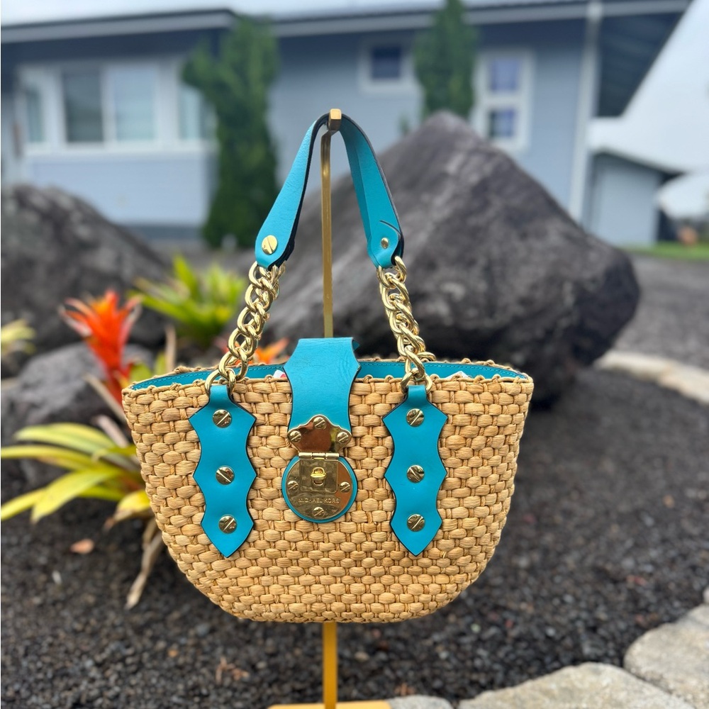 Michael Kors Straw Woven Tote Bag Turquoise Leather Gold Chain Small Summer Bag